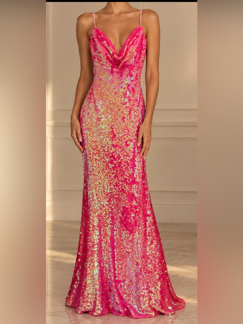 Hot Pink Sequin Cowl Neck Prom Dress